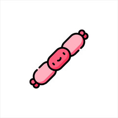 Cartoon sausage with a smiling face lies on a white surface, representing a playful and lighthearted food concept.