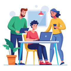 man sitting at his desk working on laptop, with woman standing near him holding phone, designed in flat style vector 
