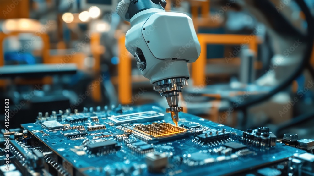 Leinwandbilder robotic arm placing a component on a circuit board in a high-tech manufacturing setting