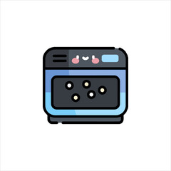 Cute washing machine cleans clothes with bubbles in a laundry room, creating a cheerful and clean atmosphere for household chores.