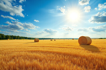 field of hay bales under a blue sky with clouds