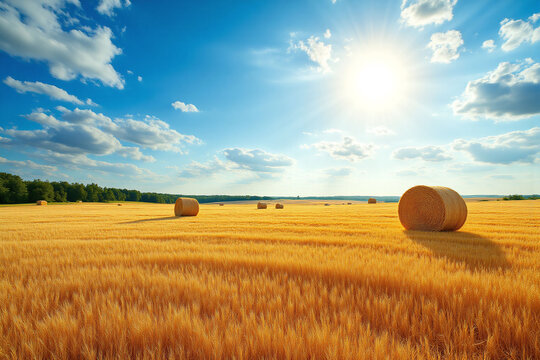 field of hay bales under a blue sky with clouds