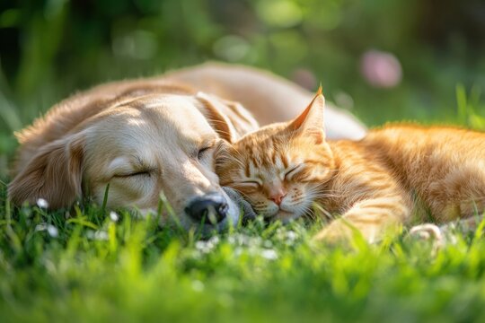 Golden dog and orange cat sleeping peacefully together on grass - Powered by Adobe