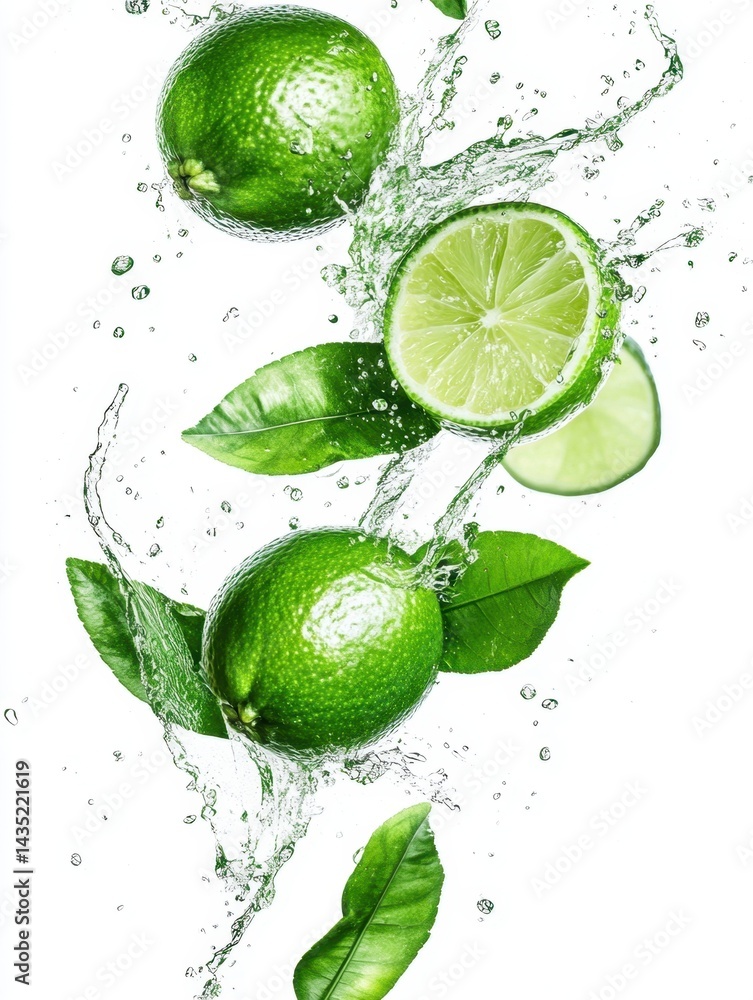 Poster fresh green limes with leaves splashing in water on a white background creating a vibrant and refres