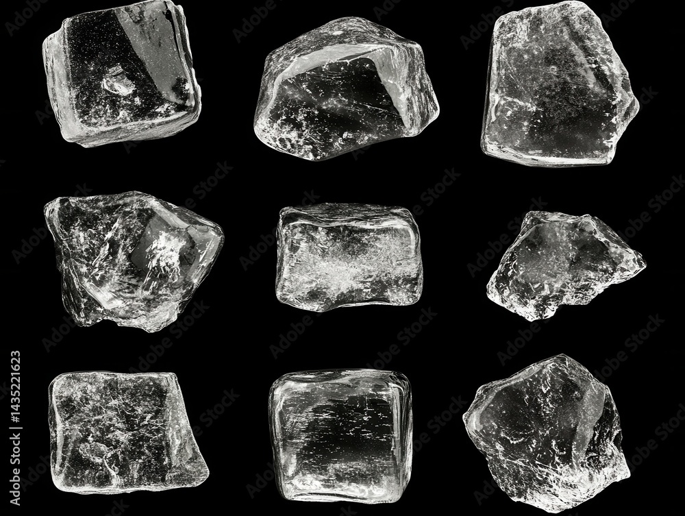 Poster nine ice cubes on a black background studio shot showcasing the texture and transparency of the ice 