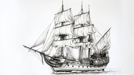 Historic pen drawing of Concepcian, Magellan famous expedition ship with detailed rigging on a white background