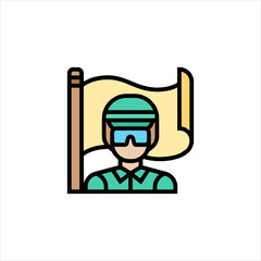 Soldier stands guard with flag in desolate landscape, representing duty and protection with a sense of vigilance and patriotism.