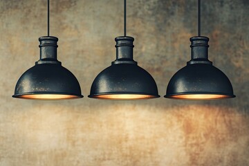 Three vintage industrial pendant lights against a textured wall  Warm golden light illuminates the room