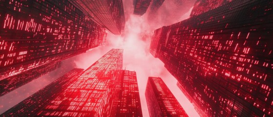 Naklejka premium Skyscrapers soar into a bright sky with red financial data overlays, reflecting the energy of the business world.