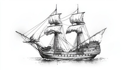 Line art vintage sketch of the Concepcian, Magellan's ship with elegant period details, on a minimalist white background
