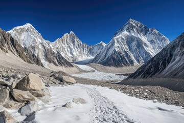 Snowy mountain path leading to majestic peaks under a vibrant blue sky  Footprints on the snow show a trek path  Large glacier and rocky terrain are part of the scene