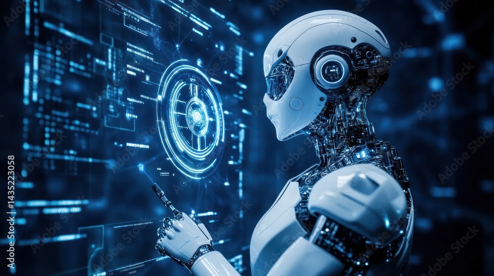 Poster Futuristic robot interacting with a holographic interface.  Advanced AI technology