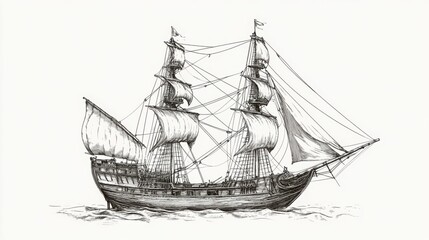 Line art vintage sketch of the Concepcian, Magellan's ship with elegant period details, on a minimalist white background
