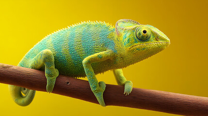 Obraz premium Colorful chameleon perched on a branch against a vibrant yellow background, showcasing its texture