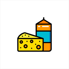 Cheese wedge sits next to milk carton on white surface, depicting dairy products in a simple, clean style.