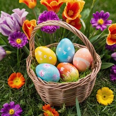 Fototapeta premium A basket of colorful Easter eggs surrounded by vibrant flowers and green grass, celebrating the joy of spring.
