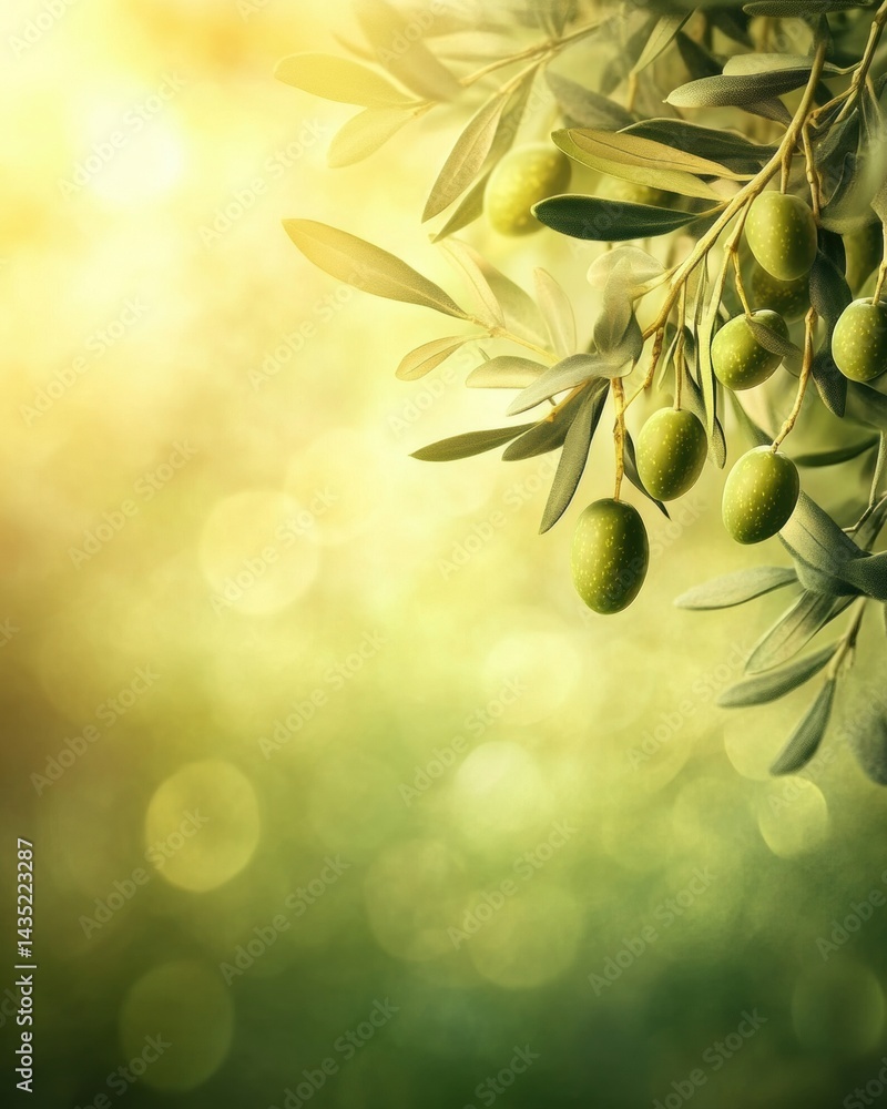 Poster serene olive branch with ripe green olives and leaves against a soft bokeh background creating a cal