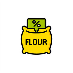 Sack of flour displays a percentage sign indicating a discount in a grocery store, showcasing a special offer on baking supplies for consumers.