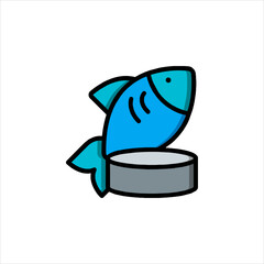 Blue fish resting on a can, depicting seafood or pet food, in a simple, colorful style on a white backdrop, creating a clean and modern aesthetic.