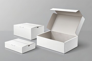 White cardboard box mockups set isolated on grey background. Vector realistic illustration of open empty and closed 3d carton packages for mail parcel delivery, gift packaging with blank surface