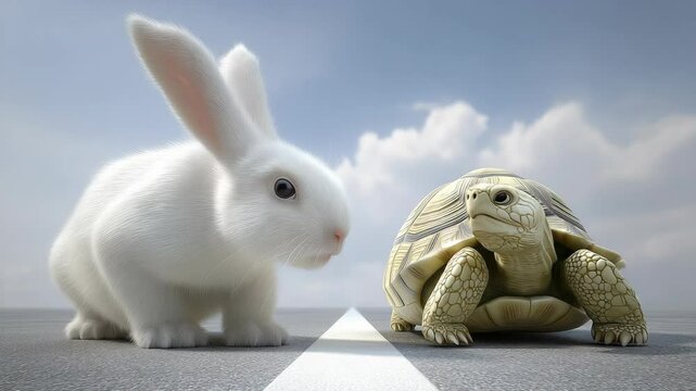 A white rabbit and a tortoise face each other on a gray road under a cloudy sky, illustrating a classic fable.