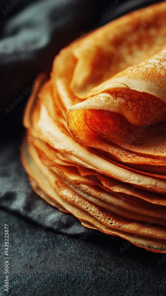 Poster golden stack of homemade crepes displayed on a textured dark surface in a close up shot with a warm 