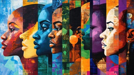 Colorful profile portraits of diverse women.  A vibrant mural-style piece showcasing various shades and colors of female faces in profile views, highlighting diversity and strength