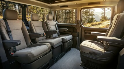 The seating arranged inside a luxury van for optimal comfort