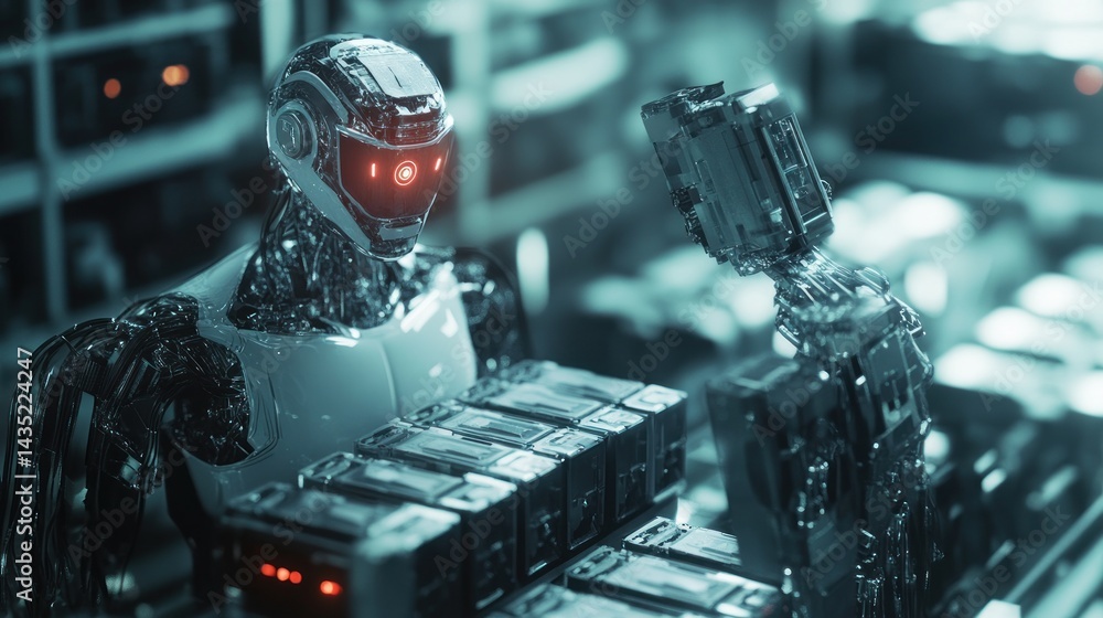 Poster futuristic robot working in a high-tech facility