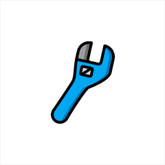 Blue adjustable wrench lying on white surface representing tool for repair and maintenance in a simple and clean style.