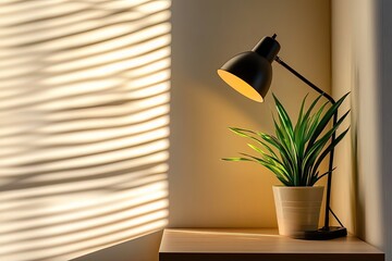 Warm corner desk lamp with plant Sunlight casts shadows on blinds