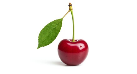 Single Cherry with Leaf Isolated on White Background