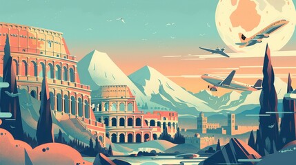 A retro travel poster design with soft colors and iconic landmarks, ideal for wanderlust shirts. 