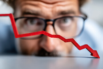 Stressed businessman staring at a dropping red line graph symbolizing economic crisis, sales decline, and business risk