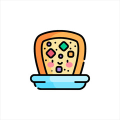 Cute pizza slice character sitting on plate with smiling face and colorful toppings, creating playful food concept.