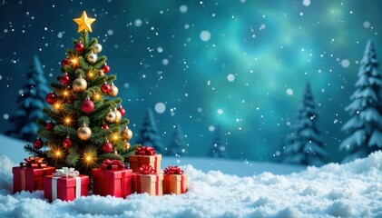 Obraz premium Snowy background with a beautifully decorated Christmas tree and scattered gifts , gifts, decoration
