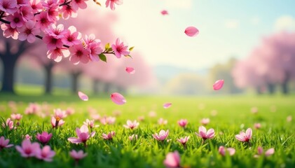 Fototapeta premium soft pink sakura petals gently falling on a grassy plain, flowers, peaceful atmosphere