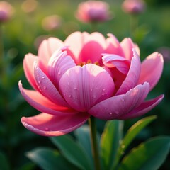 Fototapeta premium Soft pink peony petals unfolding in morning dew, bloom, blossoms