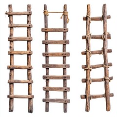 Set of old wooden ladders isolated on a white background,