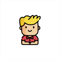 Cartoon boy smiling with arms crossed wearing a red shirt in a simple style against white backdrop conveying happiness and positivity.