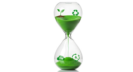 Hourglass with Green Sand Representing Recycling and Environmental Growth on White Background