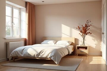 Softly lit bedroom with two single beds and minimalist decor, floor lamp, white walls