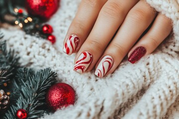 Festive red and white candy cane nail art on knit sweater with holiday decor