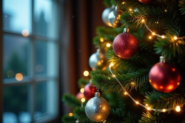 Sparkling ornaments and garlands embellish a towering Christmas tree, gifts, garlands