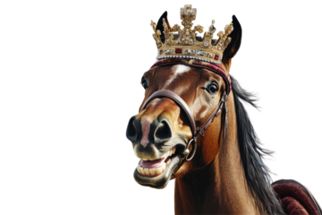 king horse handsome with crown happy smile isolated on transparent background