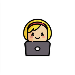 Smiling woman works on laptop at desk in office, showcasing productivity and modern work environment with a cheerful mood.