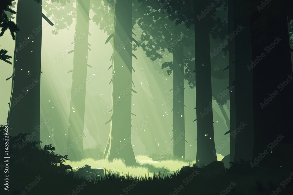 Poster tranquil forest scene with sun rays filtering through trees creating a serene and mystical atmospher