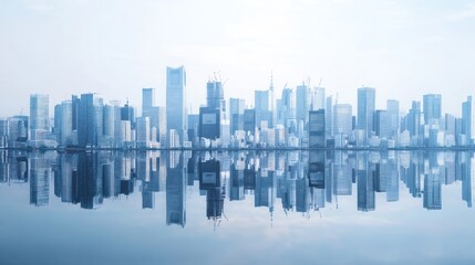 City skyline reflected in tranquil water