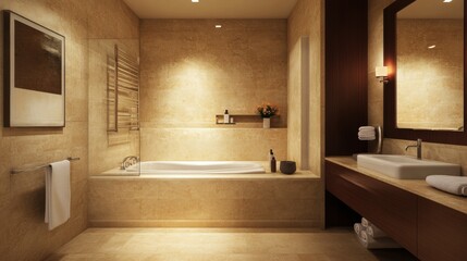 Warm Bathroom Interior Design with Bathtub, Sink, Towels, Stone Tile and Wooden Vanity, Mirror Reflecting the Soft Lighting
