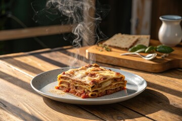 Fototapeta premium Savory Lasagna Steaming on a Wooden Table Generative AI